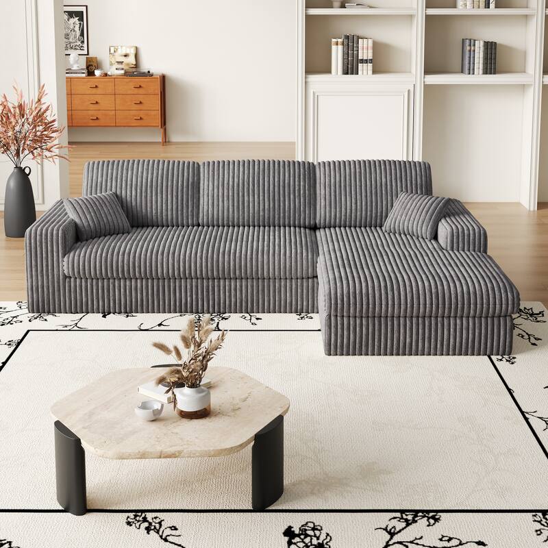 Corduroy Sleeper Sofa Bed L-shaped Sectional Sofa with Chaise, Living Room 2-in-1 Convertible Couch with Detachable Neck Pillows - Grey