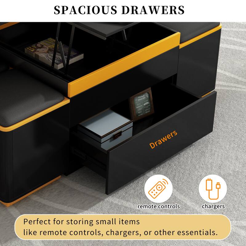 Lift-Top Coffee Table with 4 Storage Stools, Modern Space Saving Center Table with Foldable Top