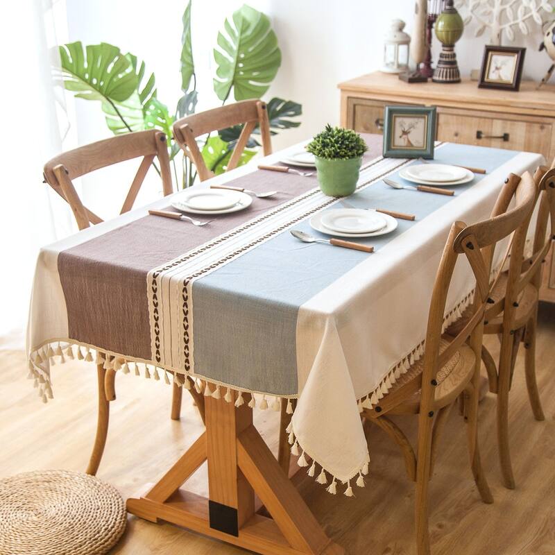 Enova Home 54"x 78" High Quality Rectangle Cotton and Linen Tablecloth with Tassels -  khaki and Light Blue