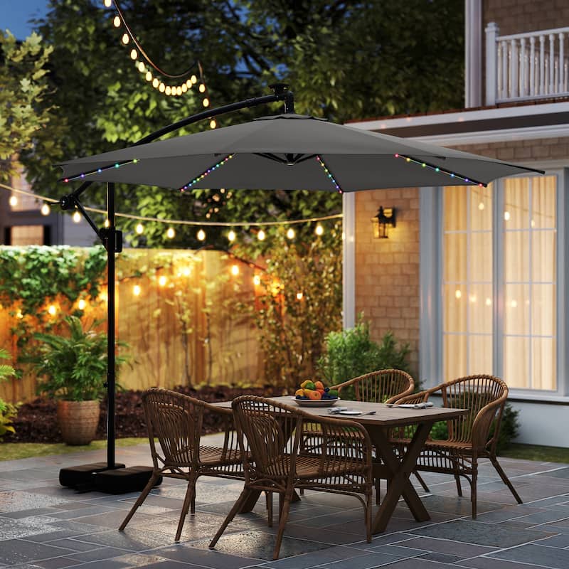 Costway 10 FT Solar Offset Hanging Umbrella with Base Patio Cantilever