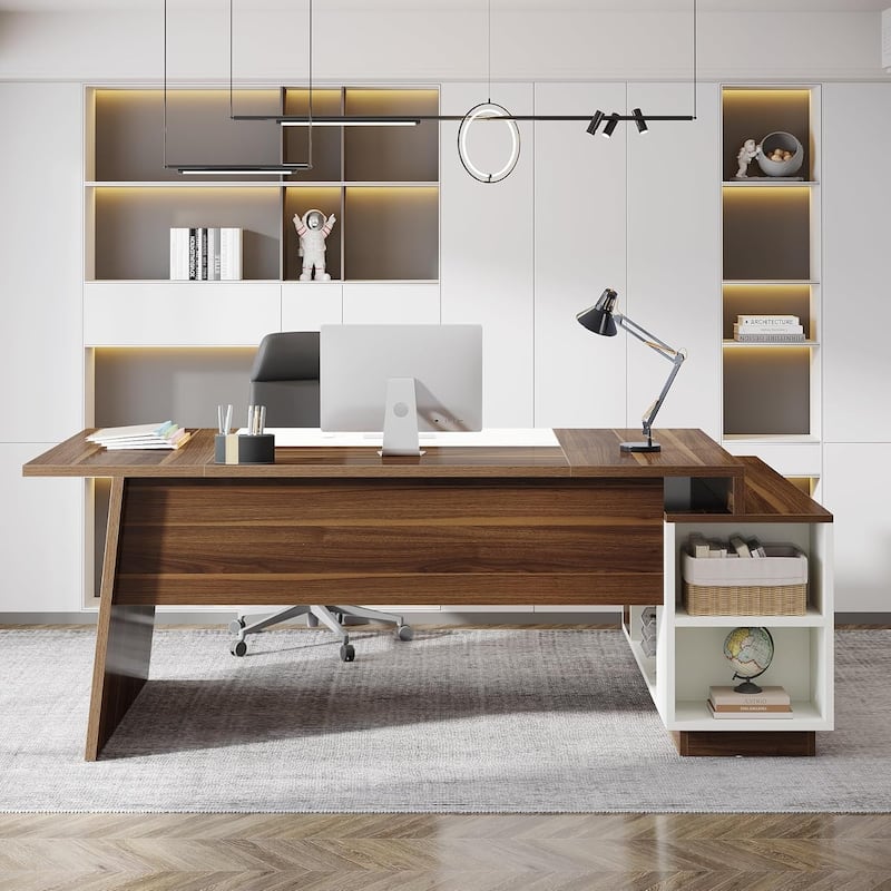 70.5" L-Shaped Executive Office Desk with Storage Cabinet & Shelves, Walnut & White