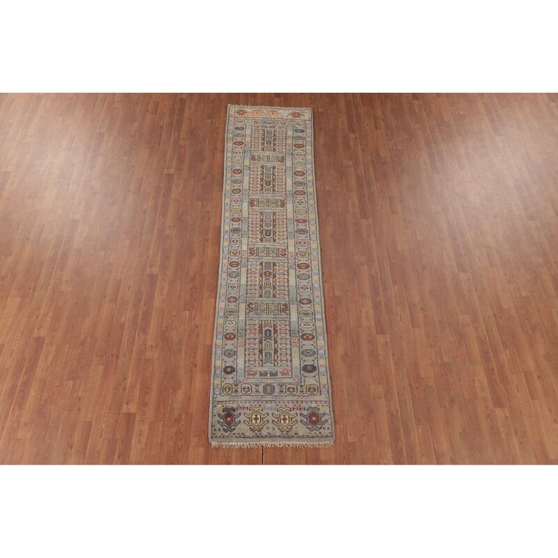 Tribal Geometric Khotan Runner Rug Handmade Oriental Wool Carpet - 2'5"x 9'11"