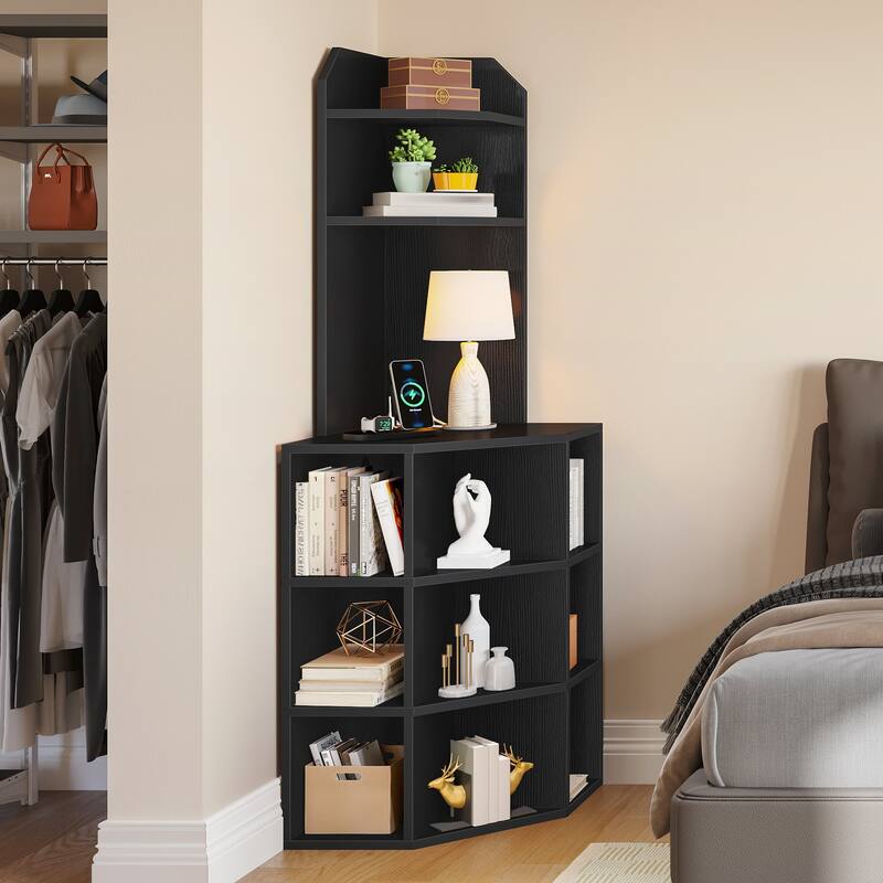 Moasis Industrial Corner Display Bookshelf Bookcase with USB Ports and Outlets