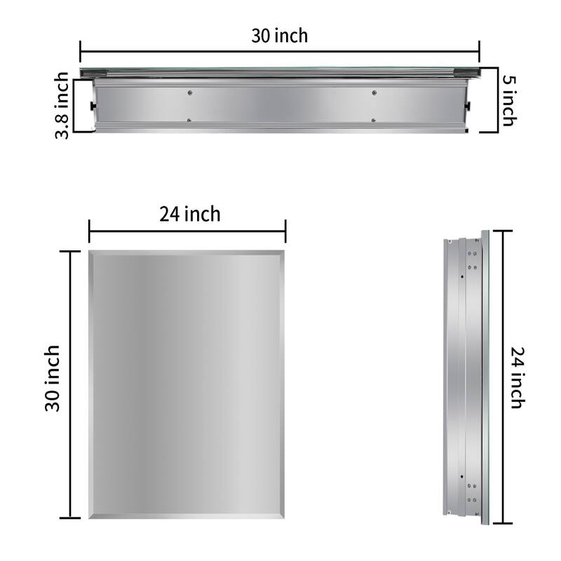 30 x 24 Inch Aluminum Bathroom Medicine Cabinet with Mirror, Single Door, Recessed or Surface Mount