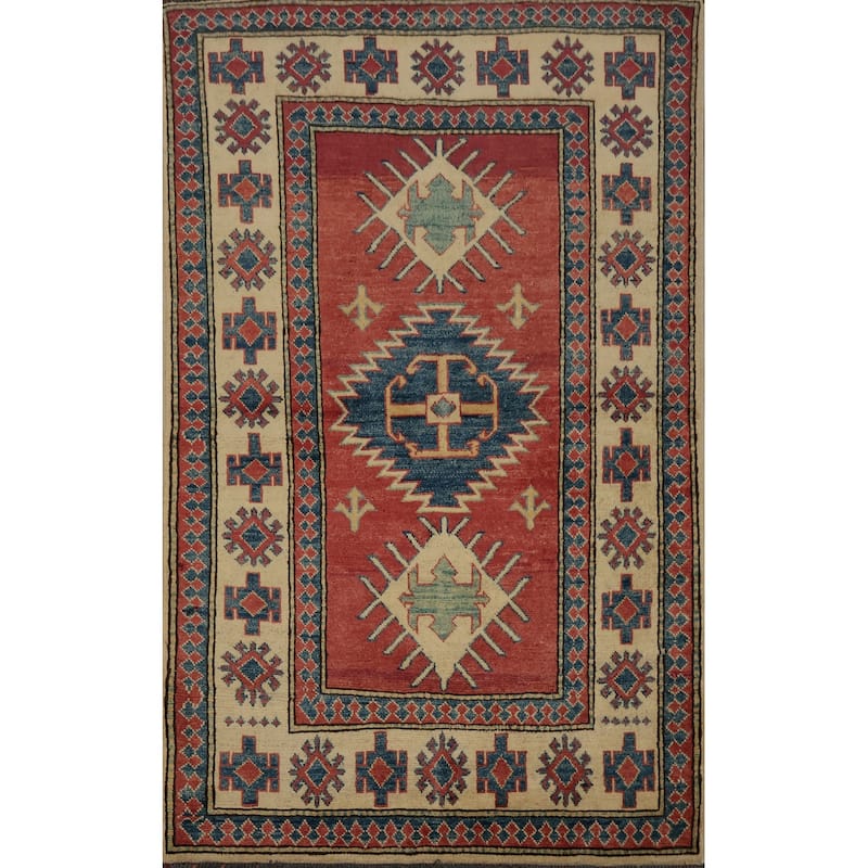 Hand Knotted Oriental 100% Wool Carpet Traditional Geometric Red Kazak Area Rug - 4' 11'' X 3' 8''