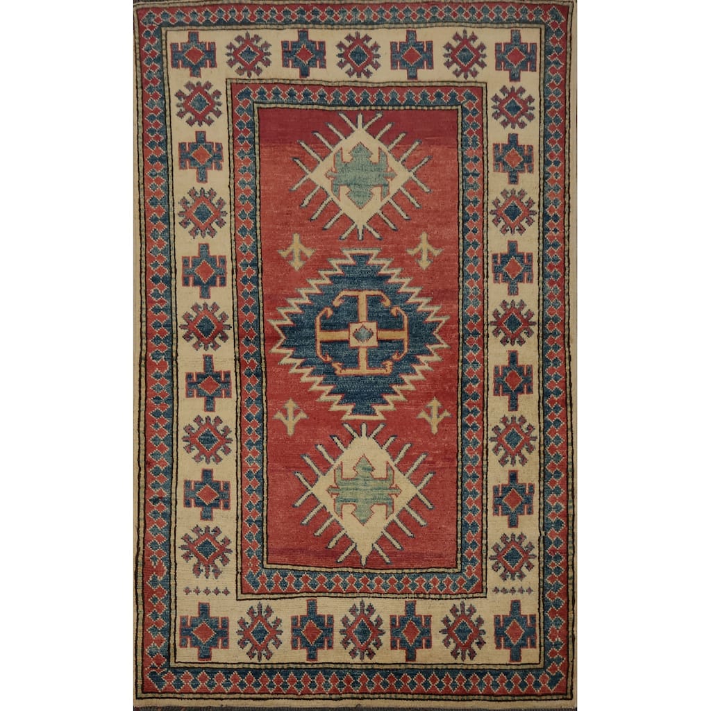 Hand Knotted Oriental 100% Wool Carpet Traditional Geometric Red Kazak Area Rug - 4' 11'' X 3' 8''