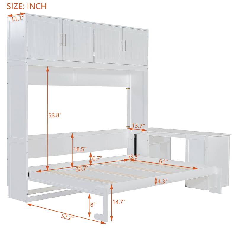 Queen Size Murphy Bed with Storage Shelves and 2 Storage Cabinets, Wooden Foldable Wall Bed Frame with Desk & Hydraulic Lift