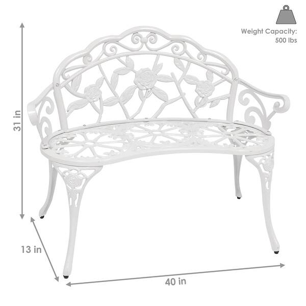 2-Person Classic Rose Cast Aluminum White Outdoor Patio Garden Bench