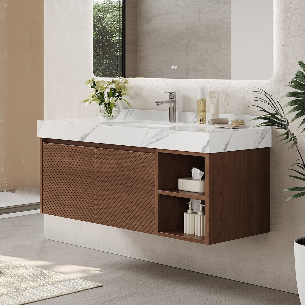 48" Modern Floating Single Bathroom Vanities with Sink, Brown or Natural wood, 2 Drawers