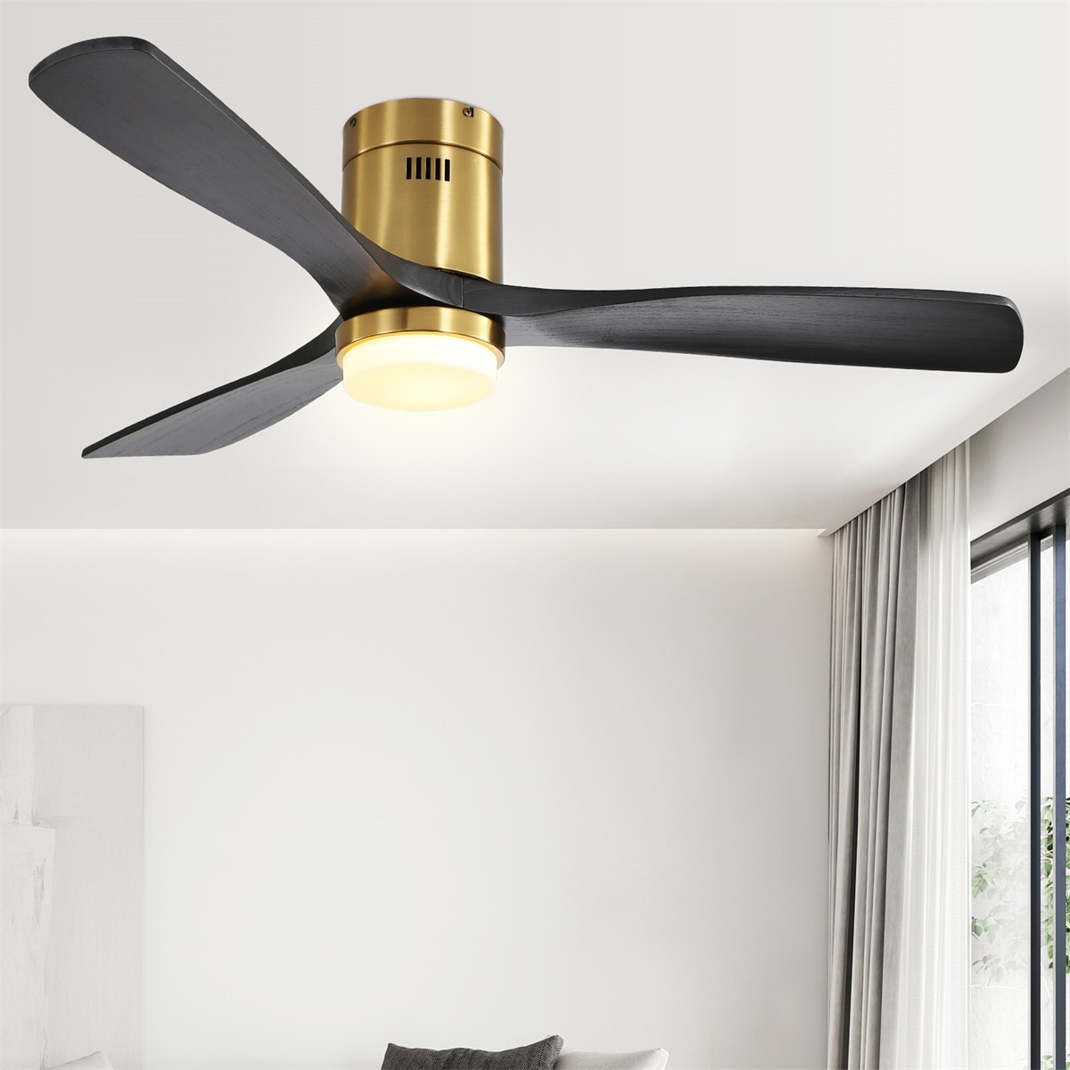 52" Low Profile Ceiling Fan with Remote,Wood Blades,Integrated LED,3 Light options,Gold with Black - Medium SIze/52 Inch