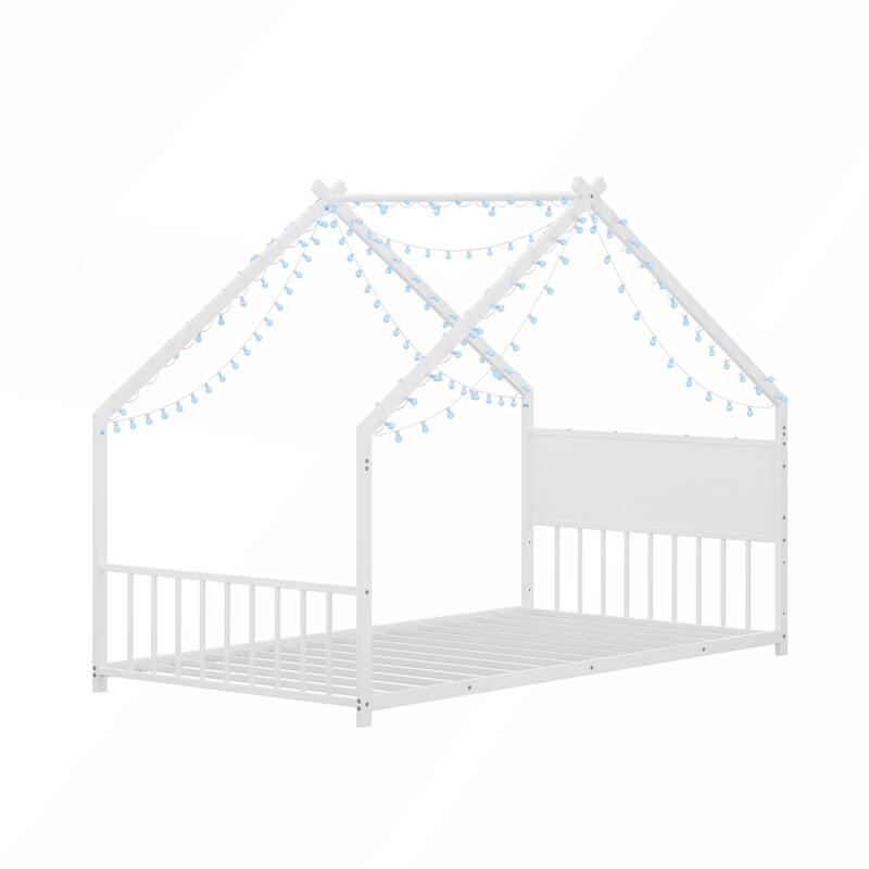 Twin Size House Bed with Roof and Colorful Lights