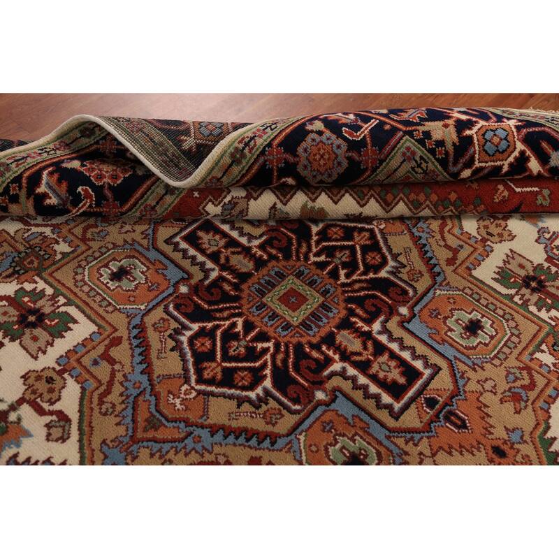 Geometric Ivory Heriz Serapi Indian Area Rug Handmade Wool Carpet - 7'9"x 10'2"
