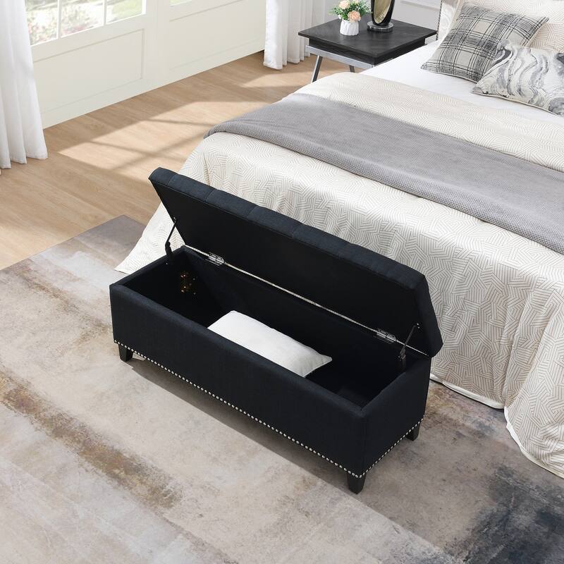 47.5" Storage Ottoman, Storage Bench with Safety Close Hinge, Linen Button-Tufted Ottoman for Living Room, Support 500lbs