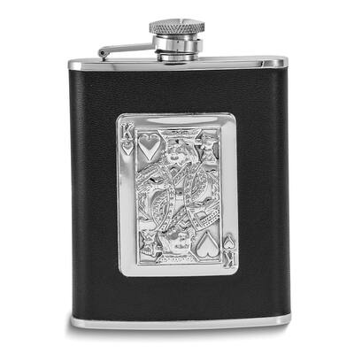 Curata Silver-Tone with Black Leather Embossed King of Hearts Design 6 Ounce Flask