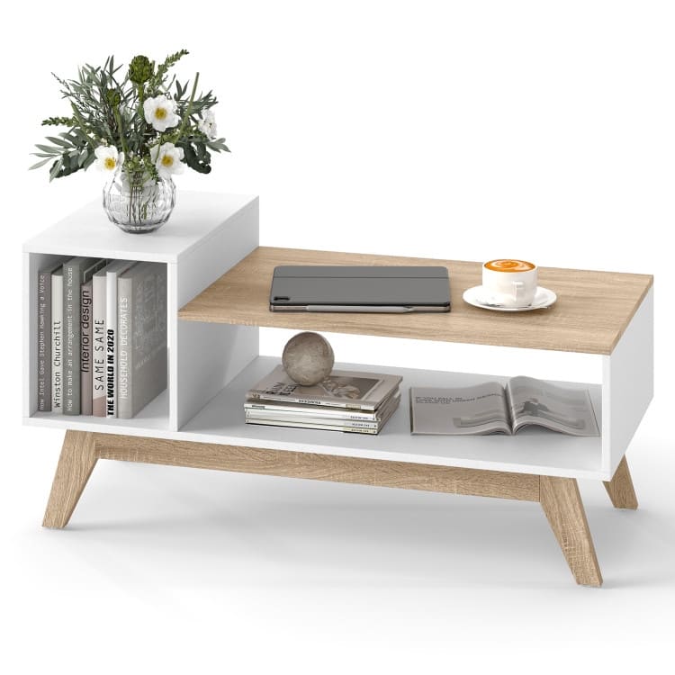 White-Natural Engineered Wood MDF Coffee Table with Stepped Storage and Compartments - 43" x 19" x 21"