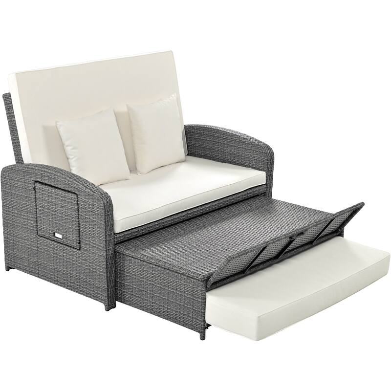 Wicker Rattan Double Chaise Lounge, 2-Person Reclining Daybed with Adjustable Back and Cushions, Free Furniture Protection Cover