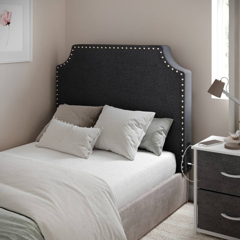 Contoured Headboard with 2 Power Outlets, 1 USB and 1 USB-C Port - Grey