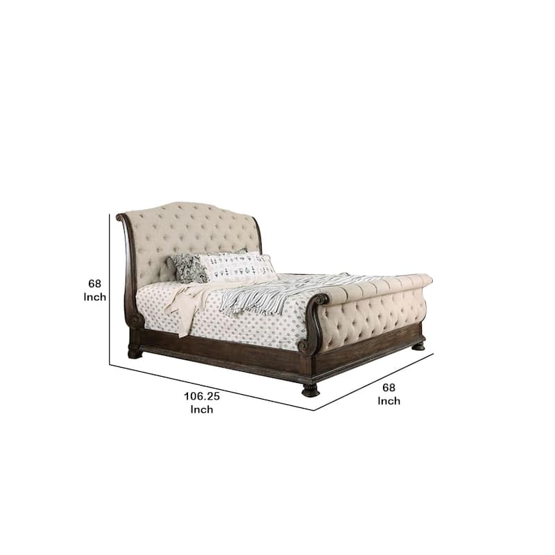 Queen Size Bed with Fabric Upholstery, Beige and Brown