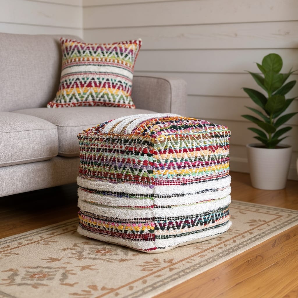 HomeRoots 18" Natural And Rainbow Cotton Blend Chevron Pouf Ottoman