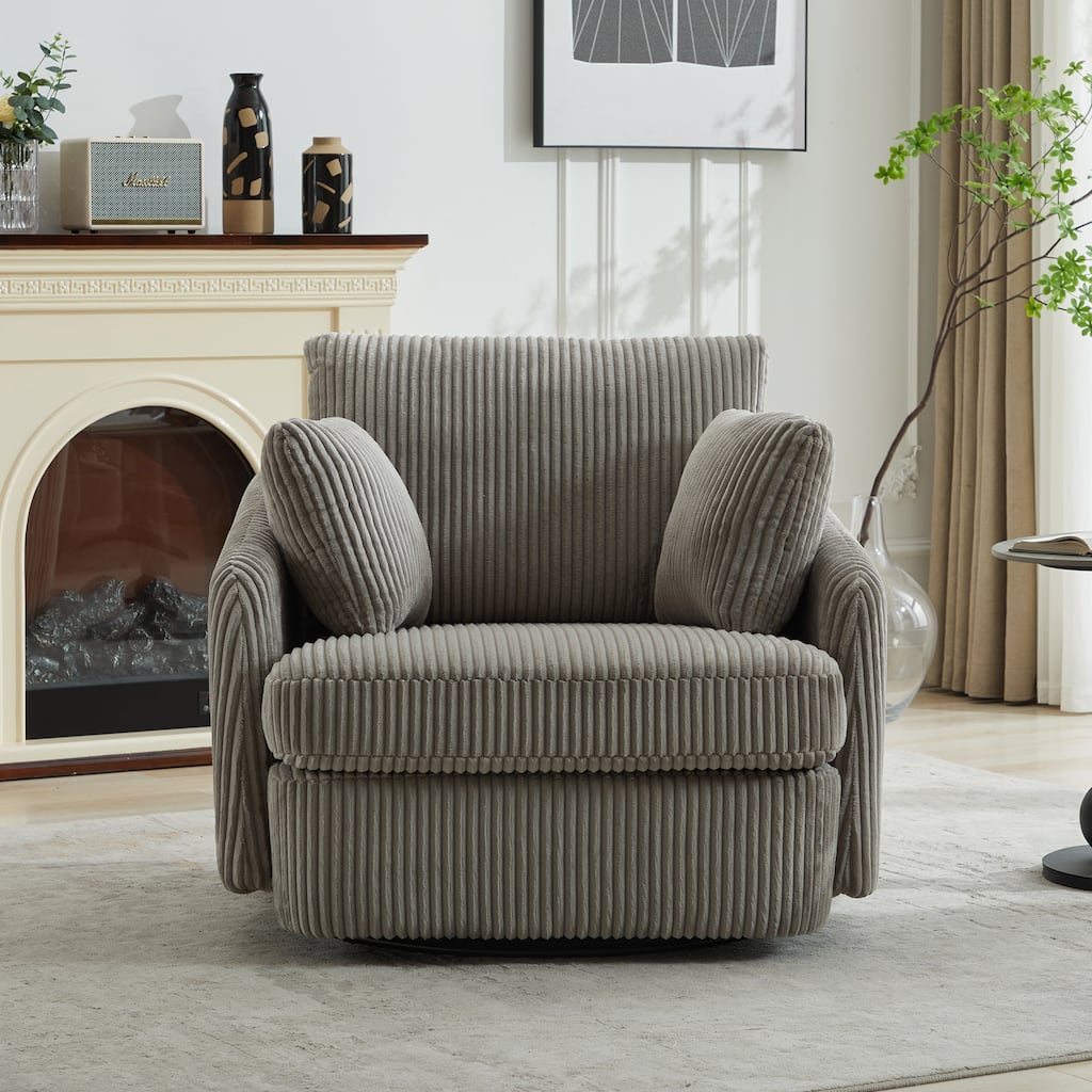 Corduroy Fabric Swivel Accent Chair, Oversized Round Armchair with 2 Thorw Pillows, Ergonomic Upholstered Lounge Sofa Chair