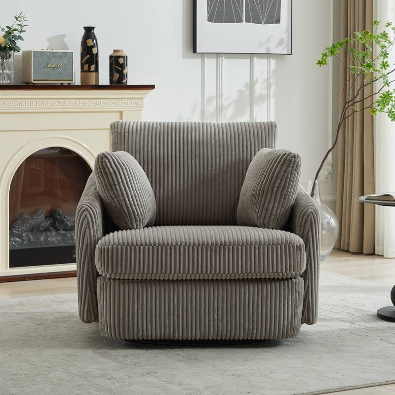 Corduroy Fabric Swivel Accent Chair, Oversized Round Armchair with 2 Thorw Pillows, Ergonomic Upholstered Lounge Sofa Chair - Gray