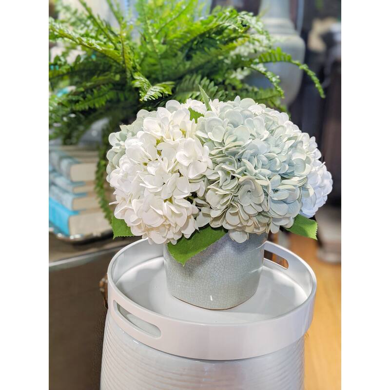 Assorted Hydrangea Floral Arrangement in a Ceramic Vase - Seafoam, Teal, White