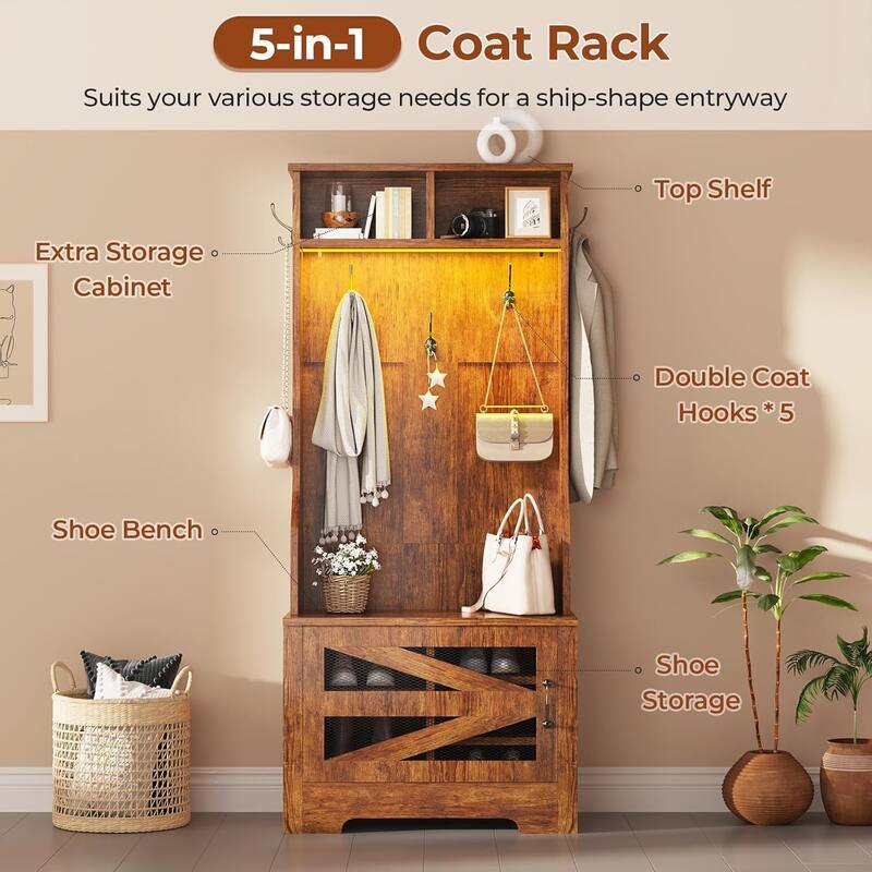 Hall Tree w/ Bench Shoe Storage Shoe Cubby Barn Door Adjustable Shelf
