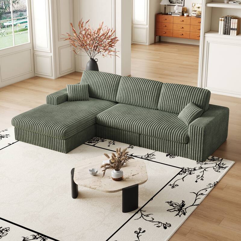 L-Shaped Sectional Sofa with Chaise Lounge, Corduroy Modular Foam Sofa, Upholstered Sofa with 2 Cushion & 2 Throw Pillows