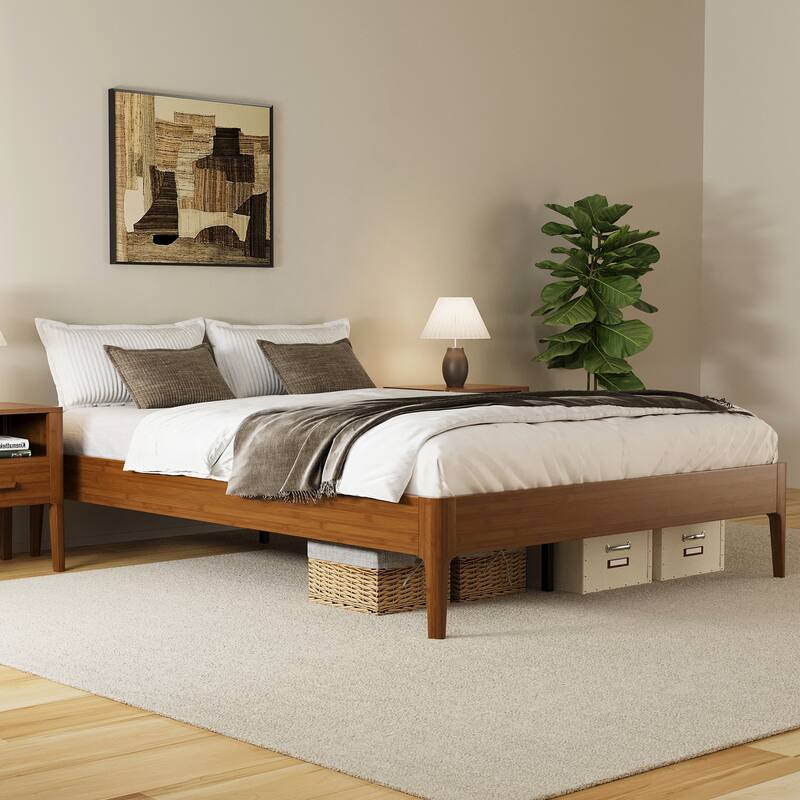 15" High Full Bamboo Platform Bed, Wood Slat Metal Support, Modern Minimalist, No Box Spring, Easy Setup, Brown - Brown
