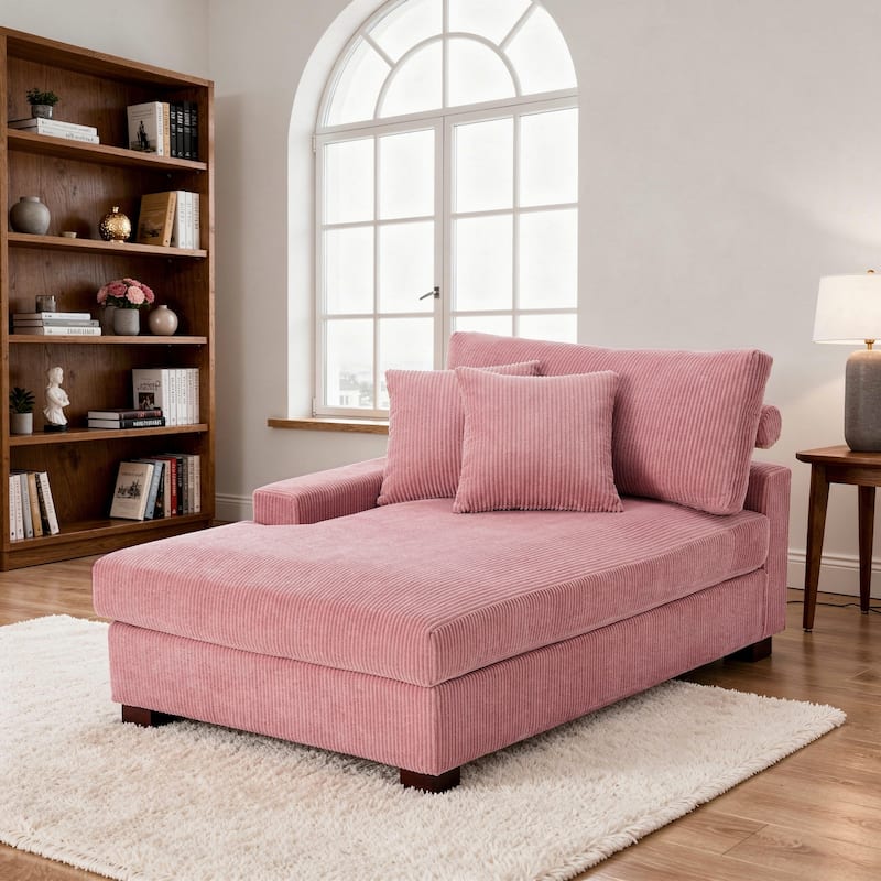 Corduroy Chaise Lounge Chair Upholstered Indoor Lounger Sofa - Lefting Facing - Pink