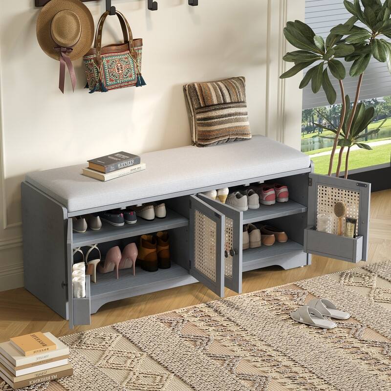 Rustic 47.4" Storage Bench Multifunctional Wooden Entryway Organizer with Removable Cushion and Rattan Doors