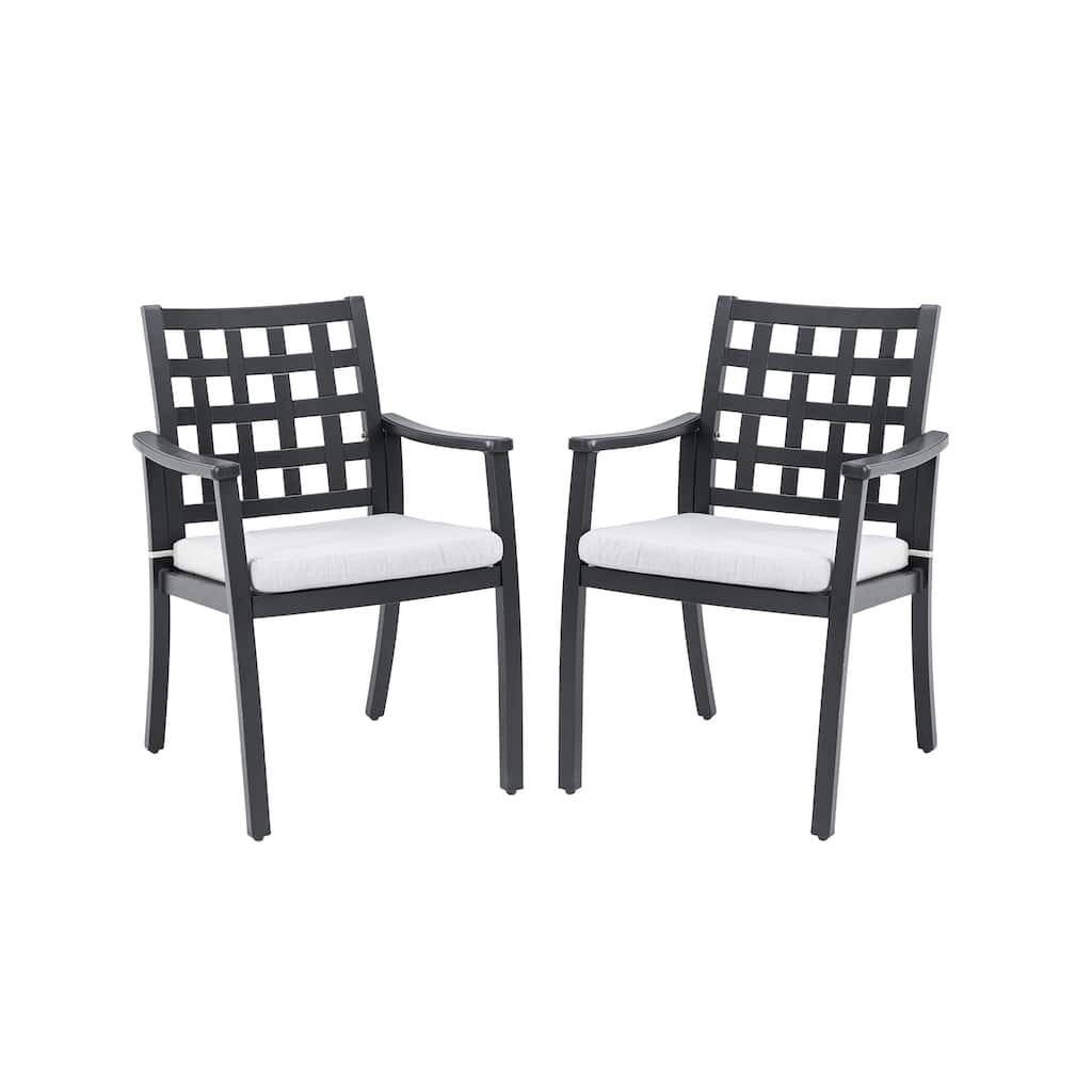 2-Piece Cast Aluminum Patio Dining Chairs - Lattice Back, Sunbrella Cushions, Ember Black - 24.05" D x 23.42" W x 35.83" H