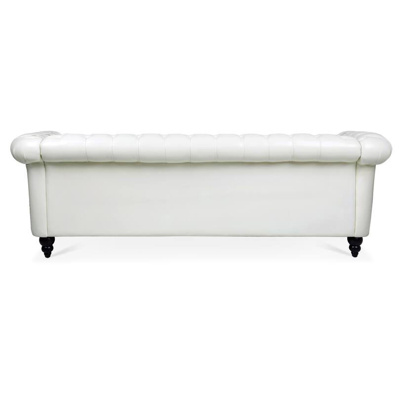 84" Chesterfield PU Leather Sofa with Rolled Arms, Button Back, Studs Trim, and Wood Legs
