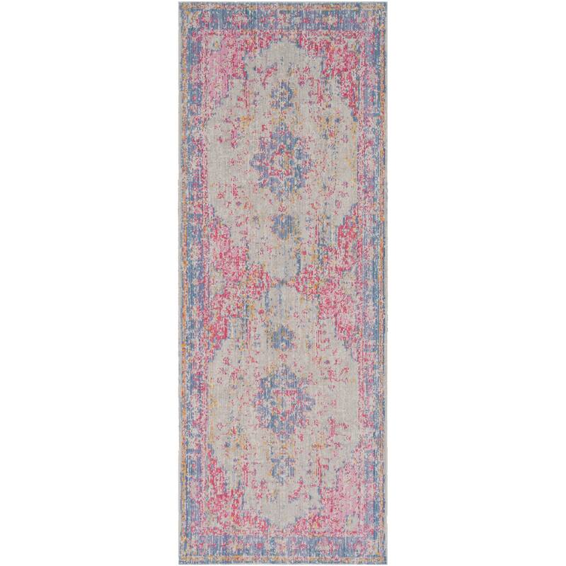 Vintage Distressed Oriental Pink and blue Runner Rug - 3' x 7'10" Runner