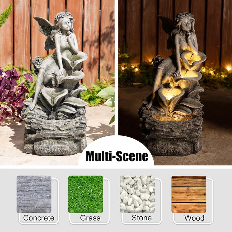 Glitzhome 22"H 4-Tiered LED Lighted Mermaid Fairy Polyresin Outdoor Floor Statue Fountains