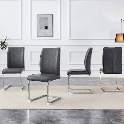 Roomfitters Arch Dining Chairs with Dark Gray PU and Silver Metal Legs, High Resilience Upholstered Set of 4