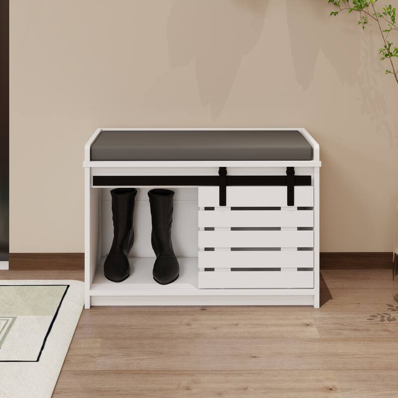 2-Tier Entryway Bench with Sliding Barn Door - White