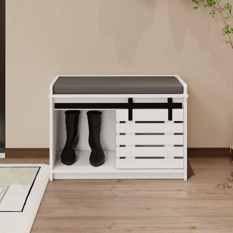 Shoe Storage Bench, 2-Tier Entryway Bench with Sliding Barn Door & 2 Adjustable Shelves & Full Soft Removable Seat Cushion