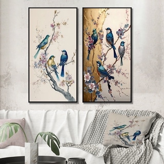 Designart "Multicolor Birds On Plum Blossoms Tree" Bird Framed Wall Set Of 2 For Home Decor