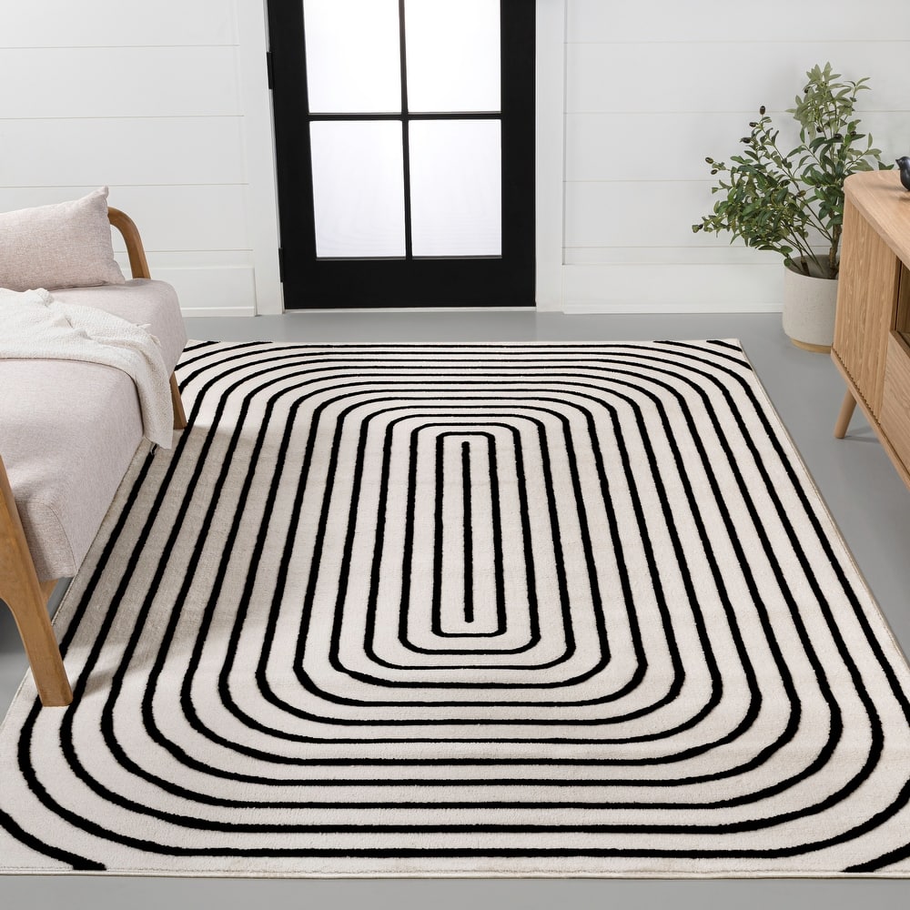JONATHAN Y Anders High-Low Modern Scandinavian Arch Stripe Monotone Ivory Indoor/Outdoor Rug