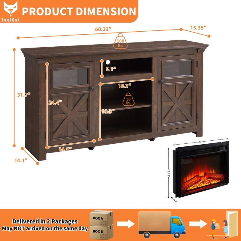 58-60" Fireplace TV Stand for 55-65" TVs w/ 18-23" Insert Farmhouse/Modern/Rustic Barn/Glass Doors Espresso/Grey/Brown/White Oak