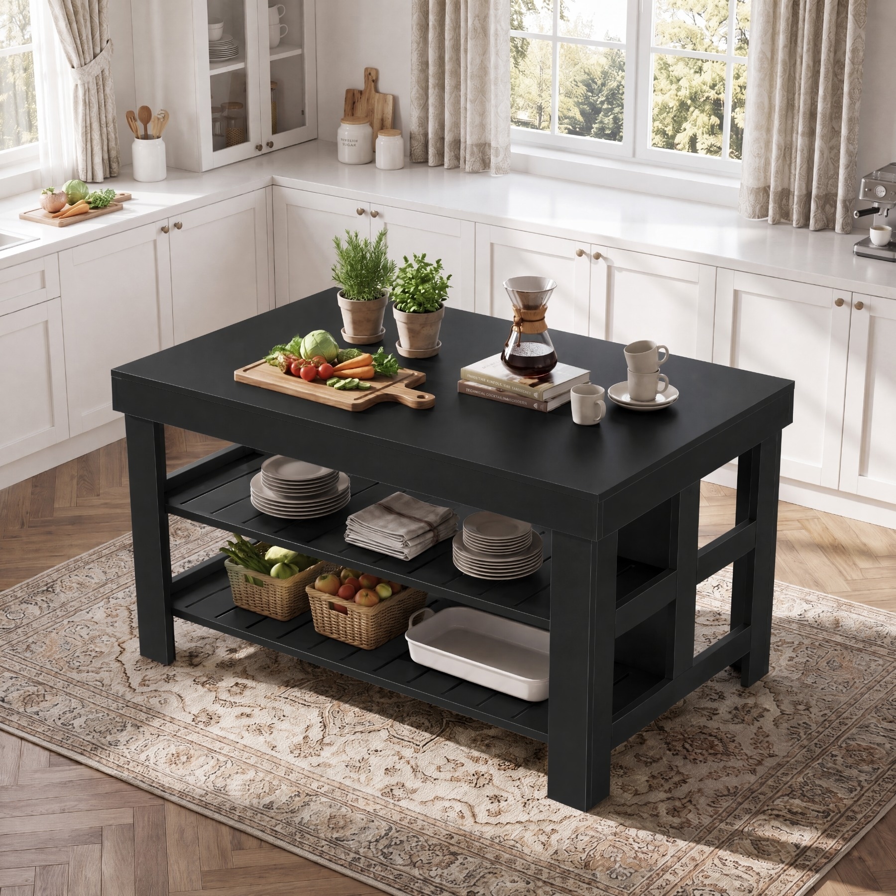 55.1-Inch Farmhouse Kitchen Island with Storage, 3-Tier Large Island Table with Leg Room for Kitchen