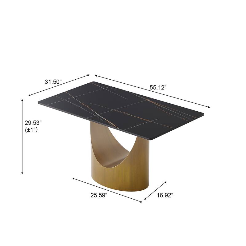 White 55 Inch Sintered Stone Kitchen Table with Solid Carbon Steel Base, Minimalist Sintered Stone Tabletop for Dining Room