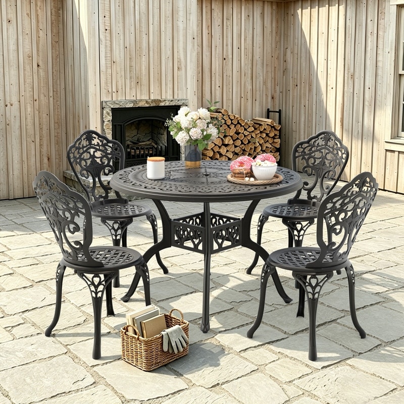 4 Black Cast Aluminum Chairs and 39.37 Inch Round Table with Umbrella Hole, 5 Piece Set