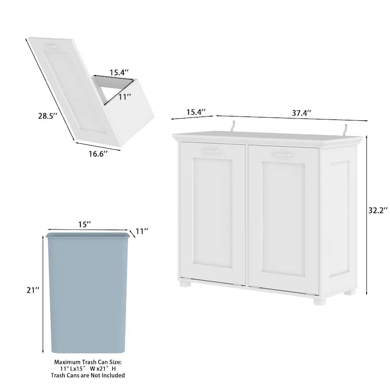 Ozone Deodorizing Trash Bin Cabinet Trash Cabinet, Wooden Kitchen Garbage Bin Storage Cabinet with Hidden Bins, White