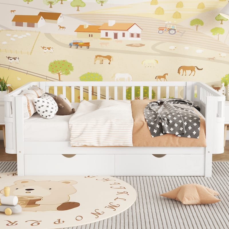 GDF Studio - Willow Kids Full Size Wood Platform Bed with Rails, Low Profile Design, and Storage Drawers