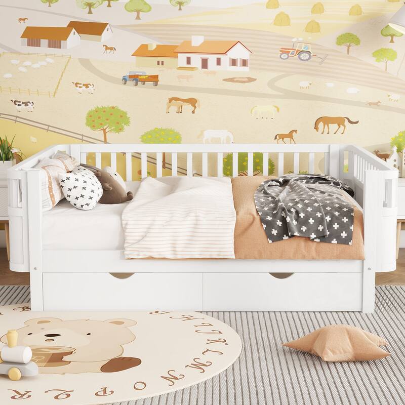 Wooden Kids Bed with 2 Storage Drawers, Guardrails and Removable Side Rail, Rounded Corners Frame Montessori Bed, Toddler Bed