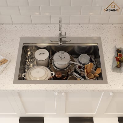 33 in. Drop-In Single Bowl 18 Gauge Brushed Stainless Steel Workstation Topmount Kitchen Sink with Sliding-Accessories