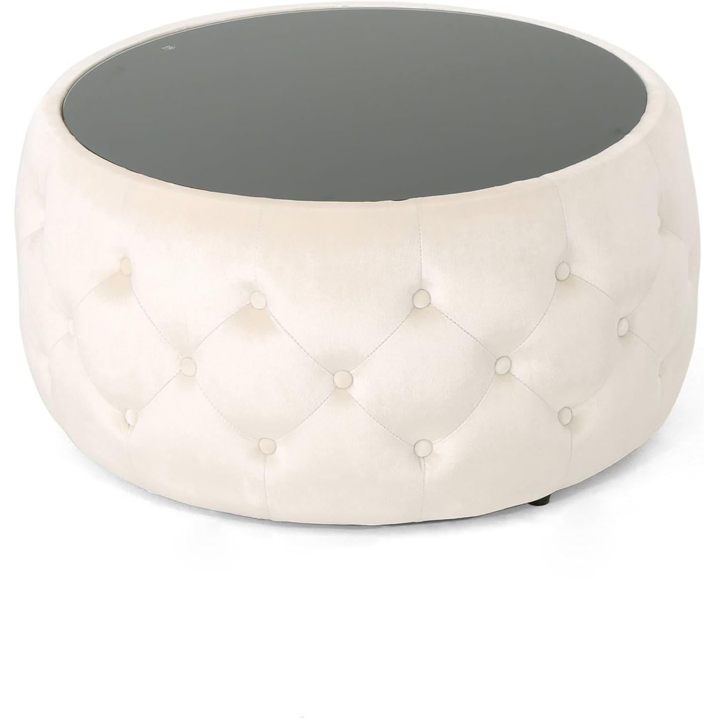 Ivy Glam Velvet and Tempered Glass Coffee Table Ottoman, Beige, Black