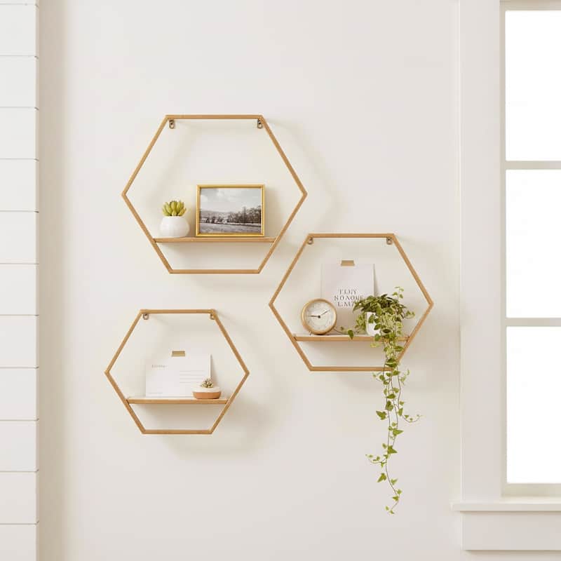 Metal Wood Hexagon Wall Shelf Set of 3 - Gold, 11/12/14" - 16.0"
